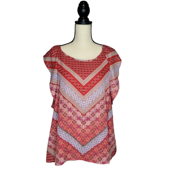 Fourteenth Place women's red pink floral print flutter sleeve top size L - Picture 1 of 12